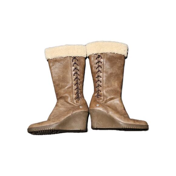 Ugg Australia Shoes - Ugg Boots Womens 7 Brown Leather Wedge Sheepskin Mid Calf Platform Boots